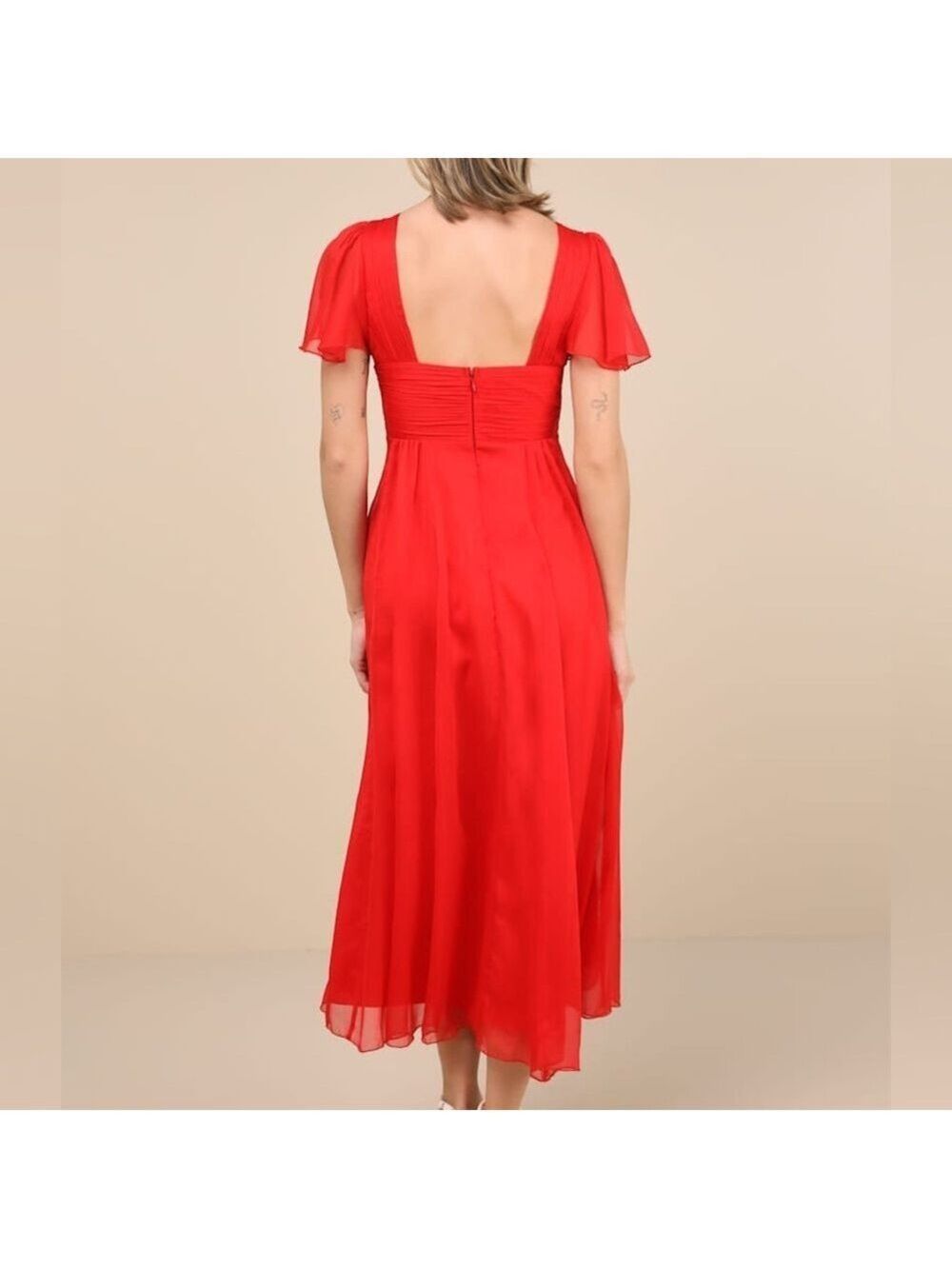 Lulus Red Chiffon Midi Dress XS NWT/Flutter Sleeves, V-Neck, Wedding Guest Ready - Picture 4 of 8